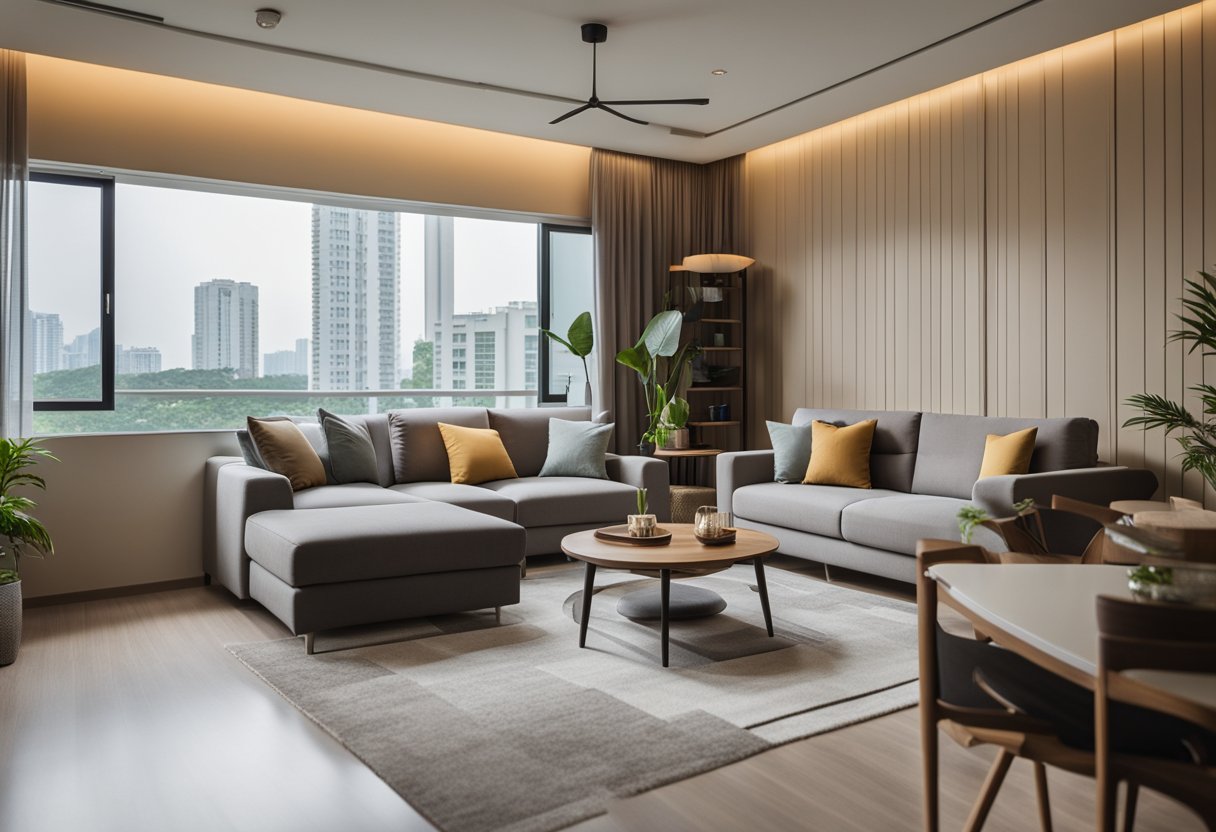 A spacious 4-room HDB flat living room with modern furniture and a cozy color palette. Large windows let in natural light, creating a warm and inviting atmosphere