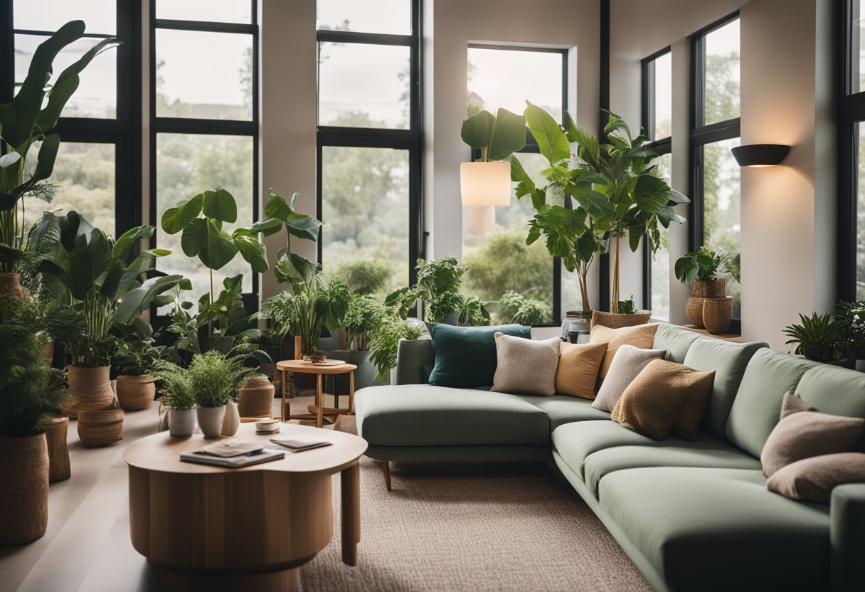 A cozy living room with modern furniture, warm lighting, and vibrant decor. A large window brings in natural light, while plants add a touch of greenery