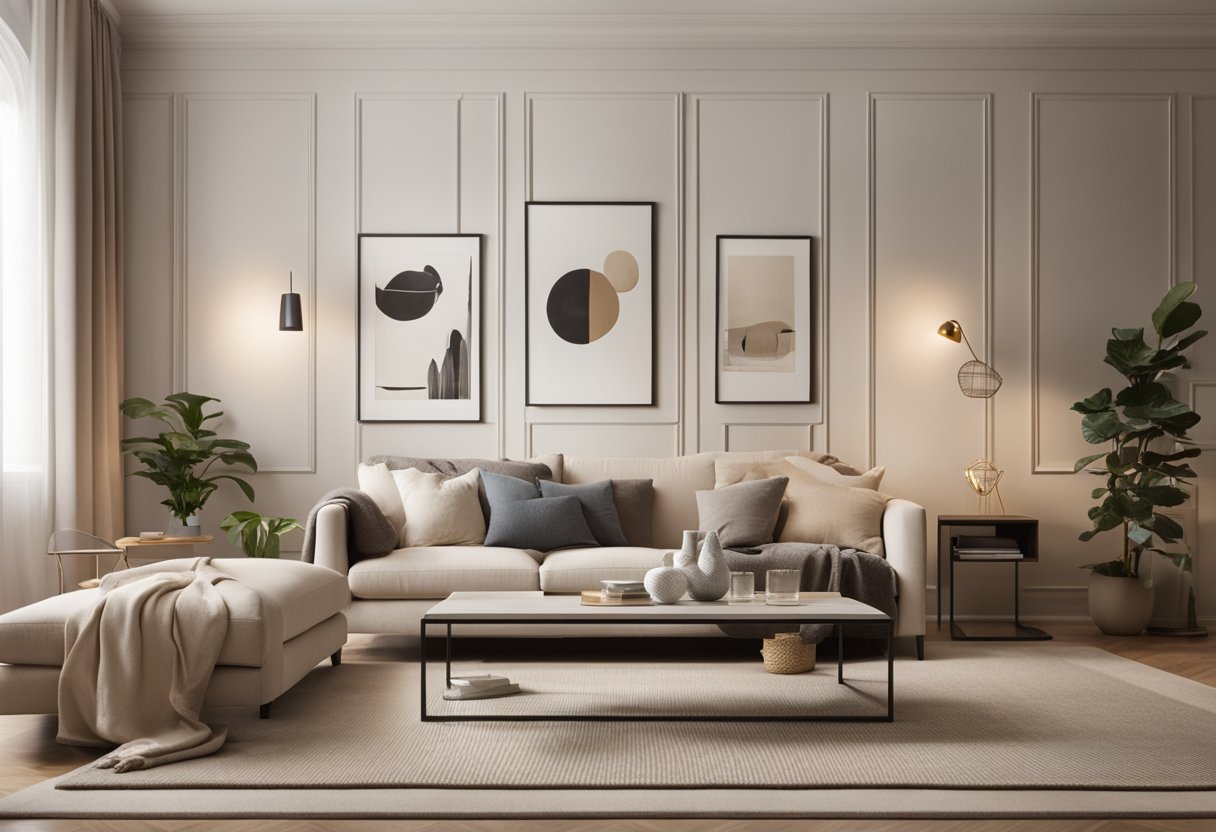 A cozy 14 x 14 living room with a modern sofa, coffee table, and bookshelf. Soft lighting and a neutral color palette create a welcoming atmosphere