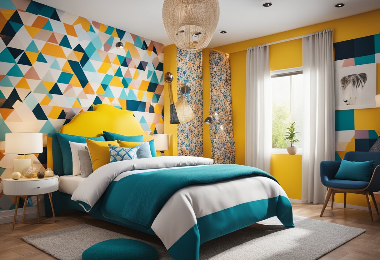 A cozy bedroom with colorful and playful pop designs on the walls, bedding, and accessories. Bright and vibrant patterns add a lively and energetic atmosphere to the room