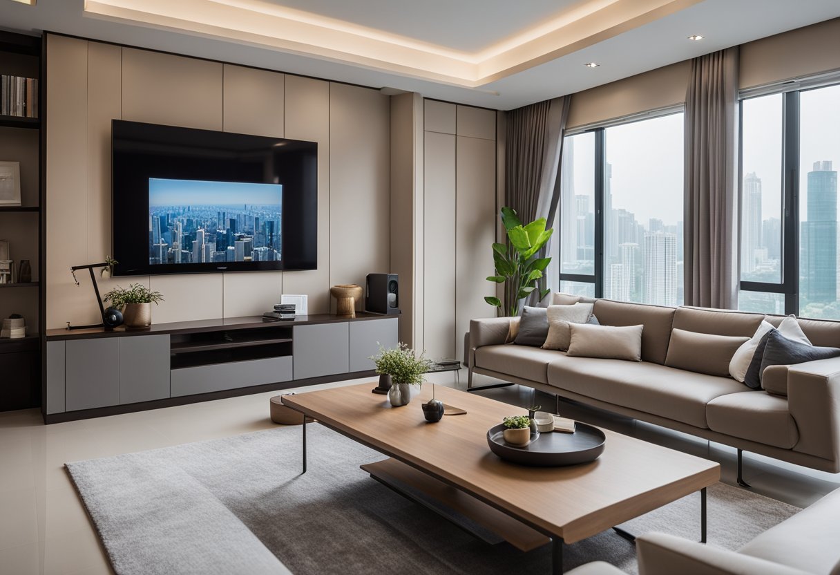 A spacious 4-room HDB flat living room with modern furniture, large windows, and a neutral color palette. The room features a cozy sofa, a sleek coffee table, and a TV mounted on the wall
