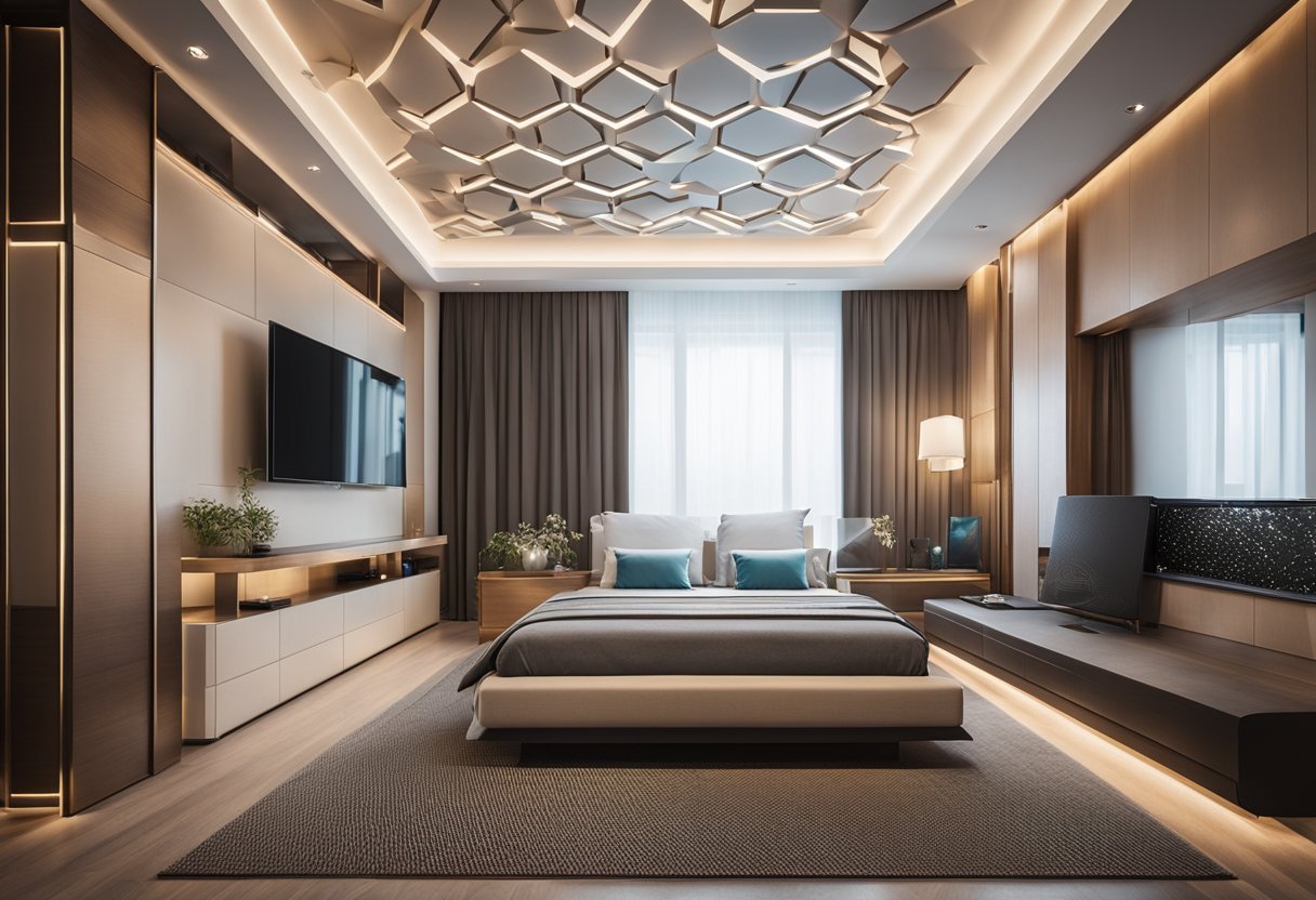 A bedroom with a sleek, modern pop design on the ceiling, featuring intricate geometric patterns and soft, ambient lighting