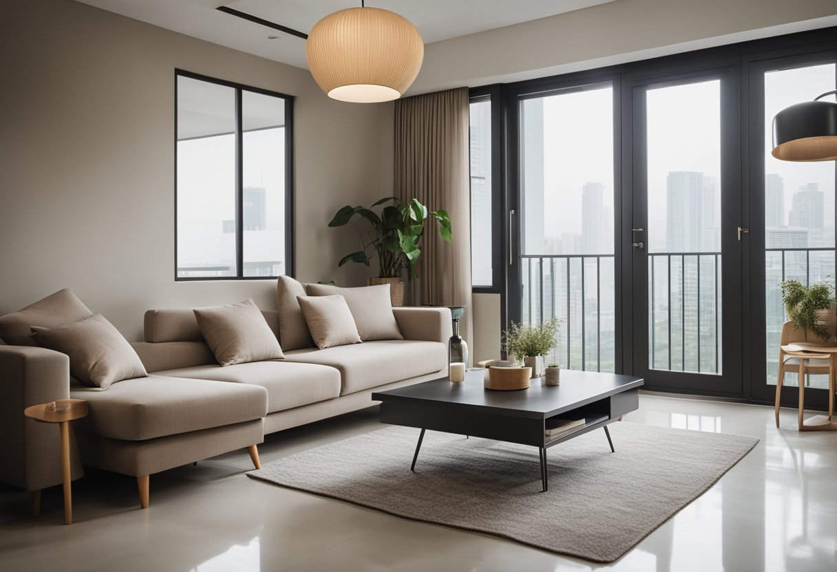 A modern 4-room HDB living room with minimalist furniture and neutral color scheme, featuring a cozy seating area and ample natural light