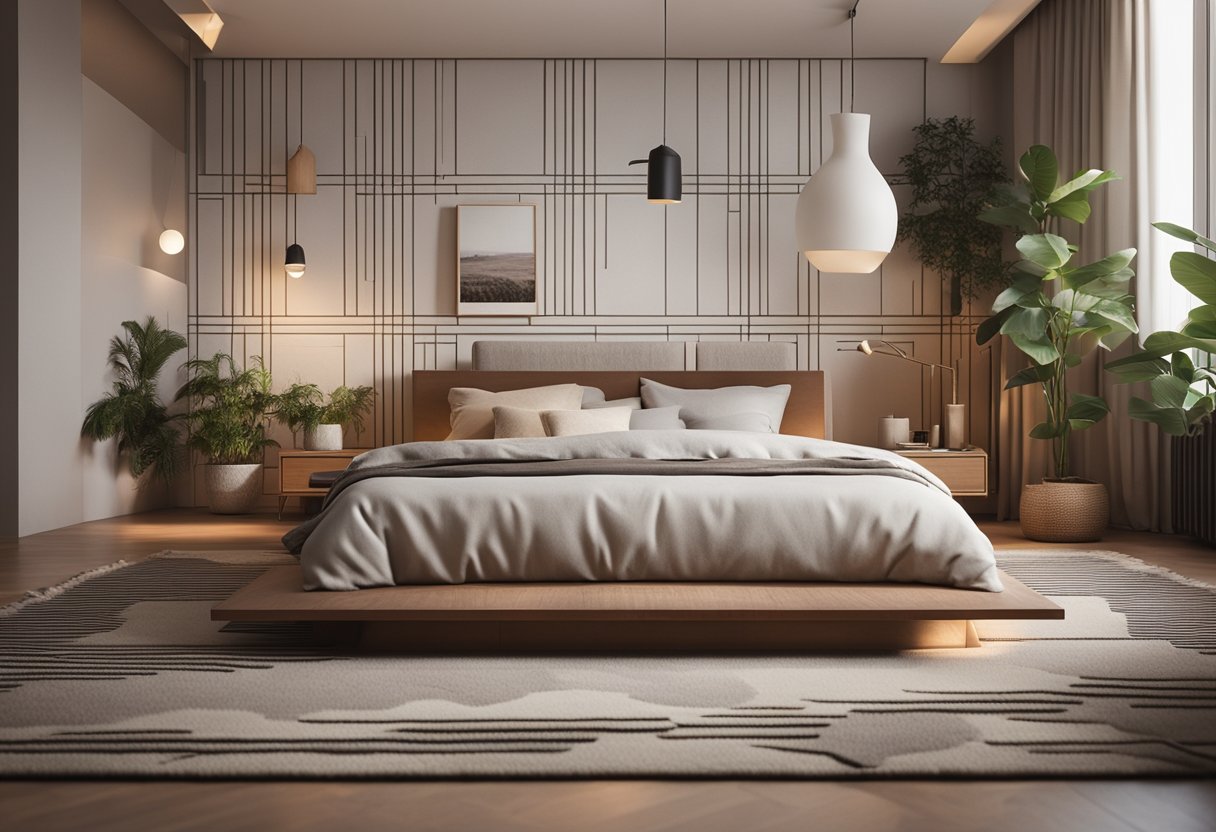 A cozy bedroom with a low platform bed, geometric wall patterns, and soft, warm lighting. Textured rugs and potted plants add a touch of nature
