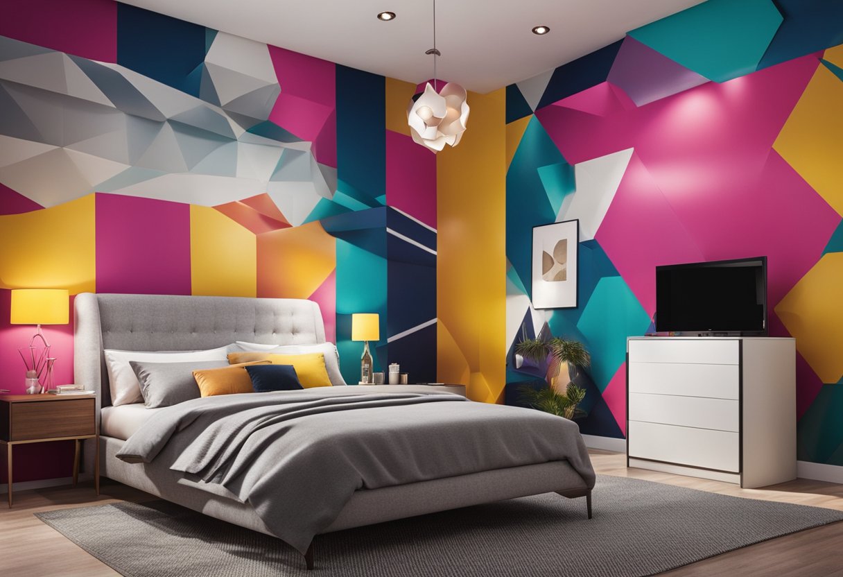 A bedroom with various pop designs on the walls, including bold colors and geometric patterns. Bright lighting highlights the vibrant decor