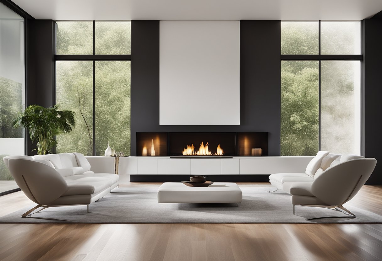A sleek white sofa sits on a polished wood floor, facing a wall of large windows. A single piece of modern art hangs above the fireplace, with a low coffee table in the center of the room