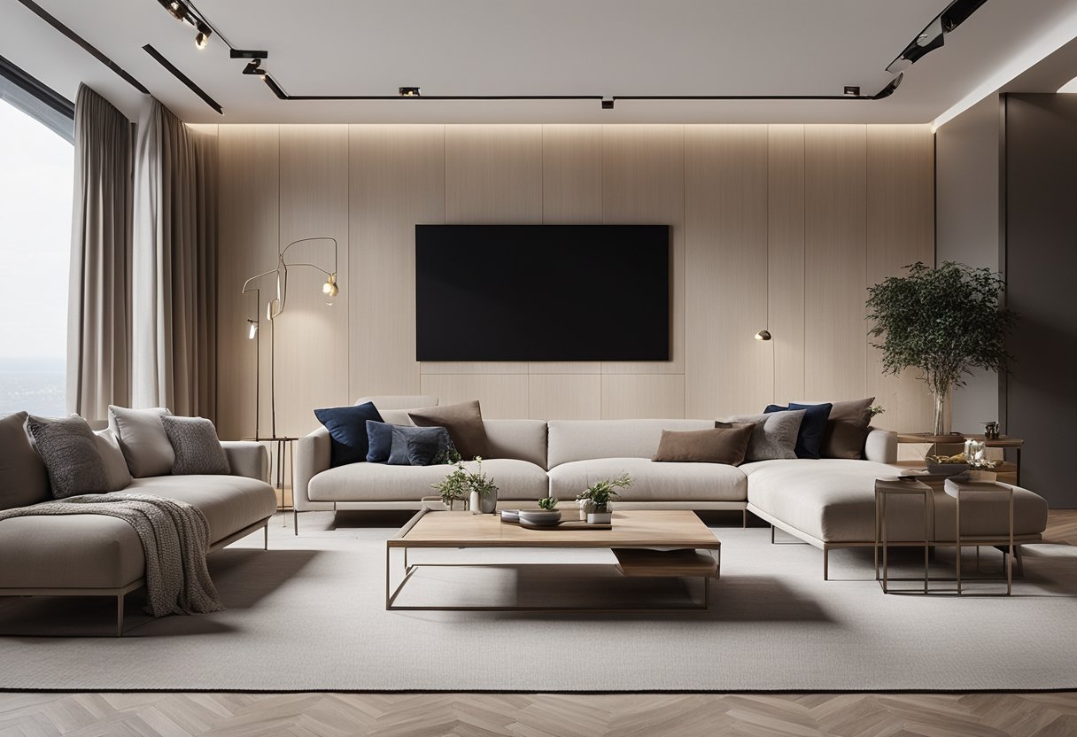 A spacious living room with clean lines, neutral colors, and minimal furniture. Natural light floods the room, highlighting the simplicity and functionality of the space