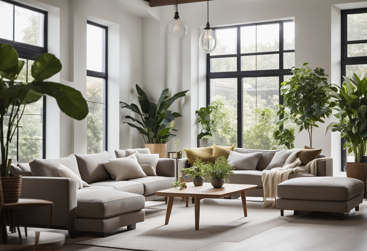 A spacious living room with clean lines, neutral colors, and minimal furniture. Large windows bring in natural light, while plants and simple decor add warmth to the space