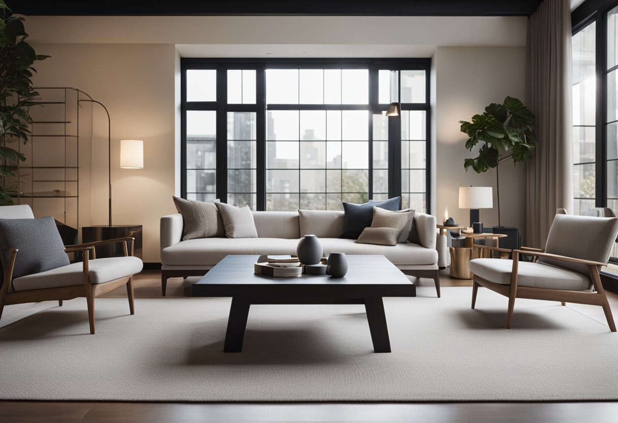 A square living room with modern furniture, large windows, and a neutral color scheme. A cozy rug anchors the seating area, and a sleek fireplace adds a focal point