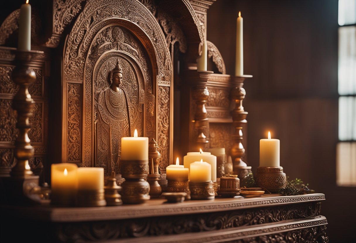 An intricately carved wooden altar sits against the wall in the living room, adorned with flickering candles and fragrant incense