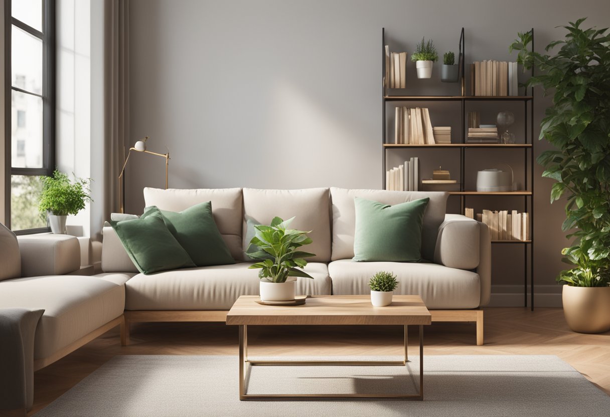 A square living room with a cozy sofa, coffee table, and a large window with natural light streaming in. A bookshelf lines one wall, and a small indoor plant adds a touch of greenery