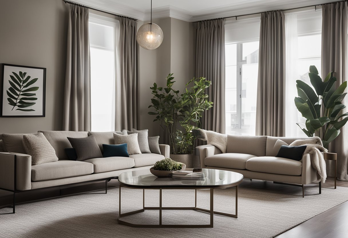 A square living room with modern furniture, neutral color palette, and layered textures. A large area rug anchors the space, while a mix of throw pillows and decorative objects add personality. Curtains and artwork complete the look