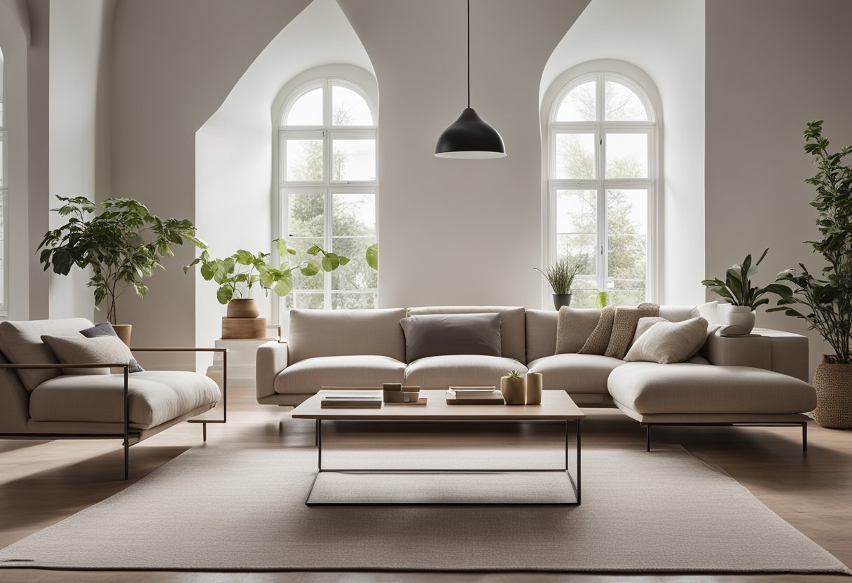 A spacious living room with clean lines, neutral colors, and minimal furniture. A large, unadorned wall with a simple shelf and a few decorative objects. Light streaming in from large windows