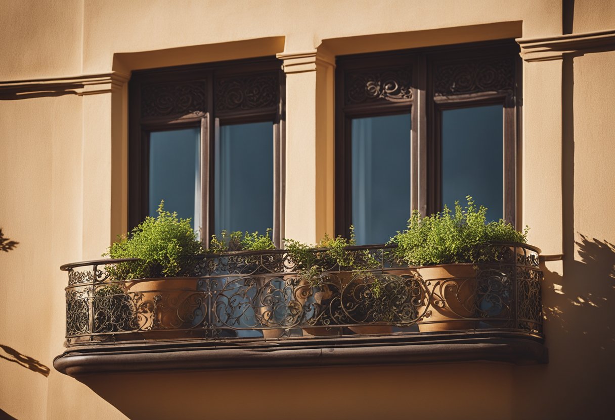 A balcony window with intricate ironwork and potted plants. The sun casts a warm glow on the scene, creating interesting shadows