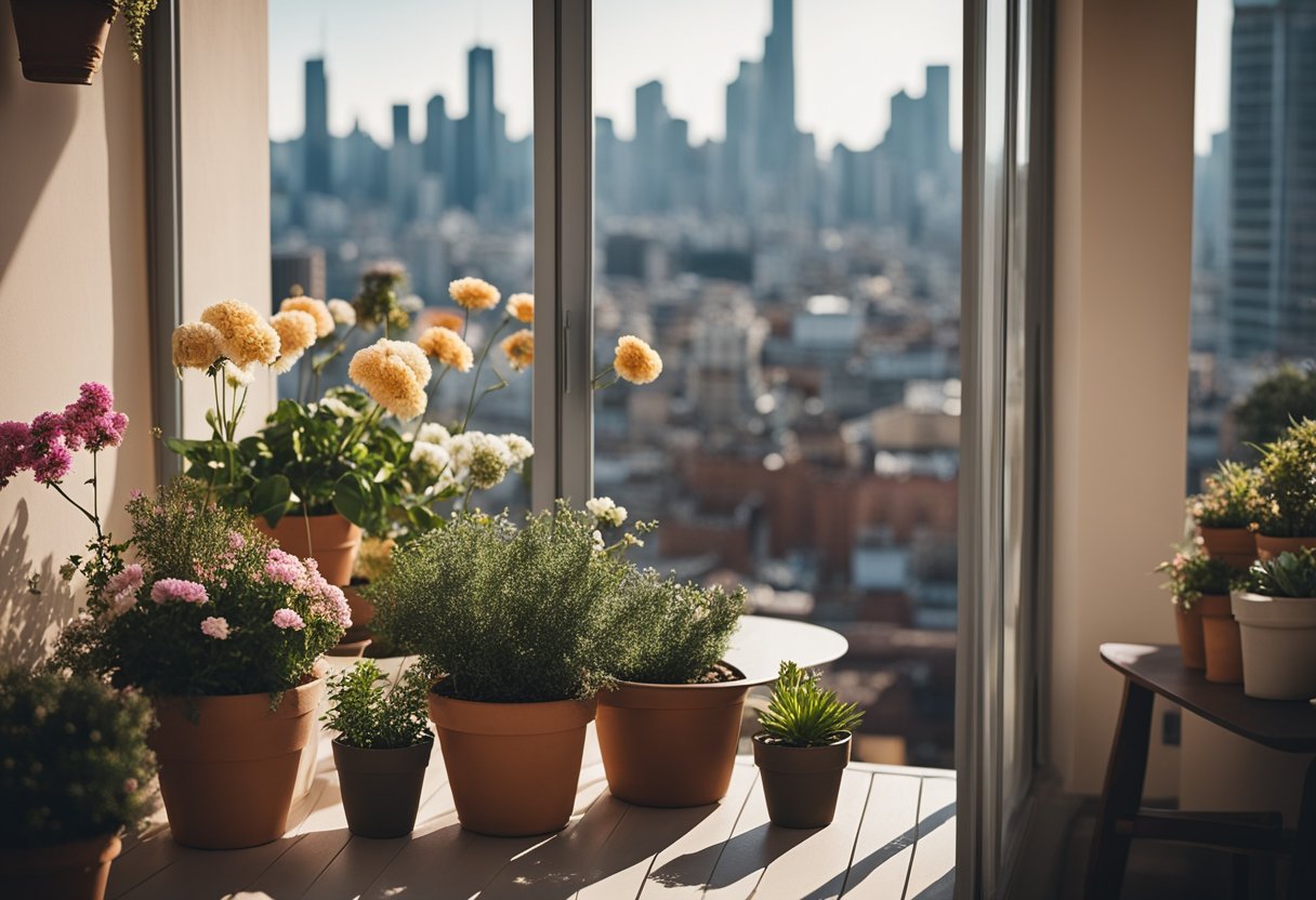 A cozy balcony with a large, open window overlooking a city skyline. A small table and chairs sit on the balcony, surrounded by potted plants and hanging flowers