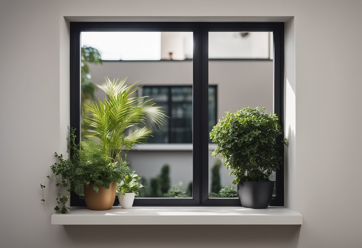 A balcony window opens outward, with a built-in shelf for plants or decor. The window frame is sleek and modern, allowing for unobstructed views