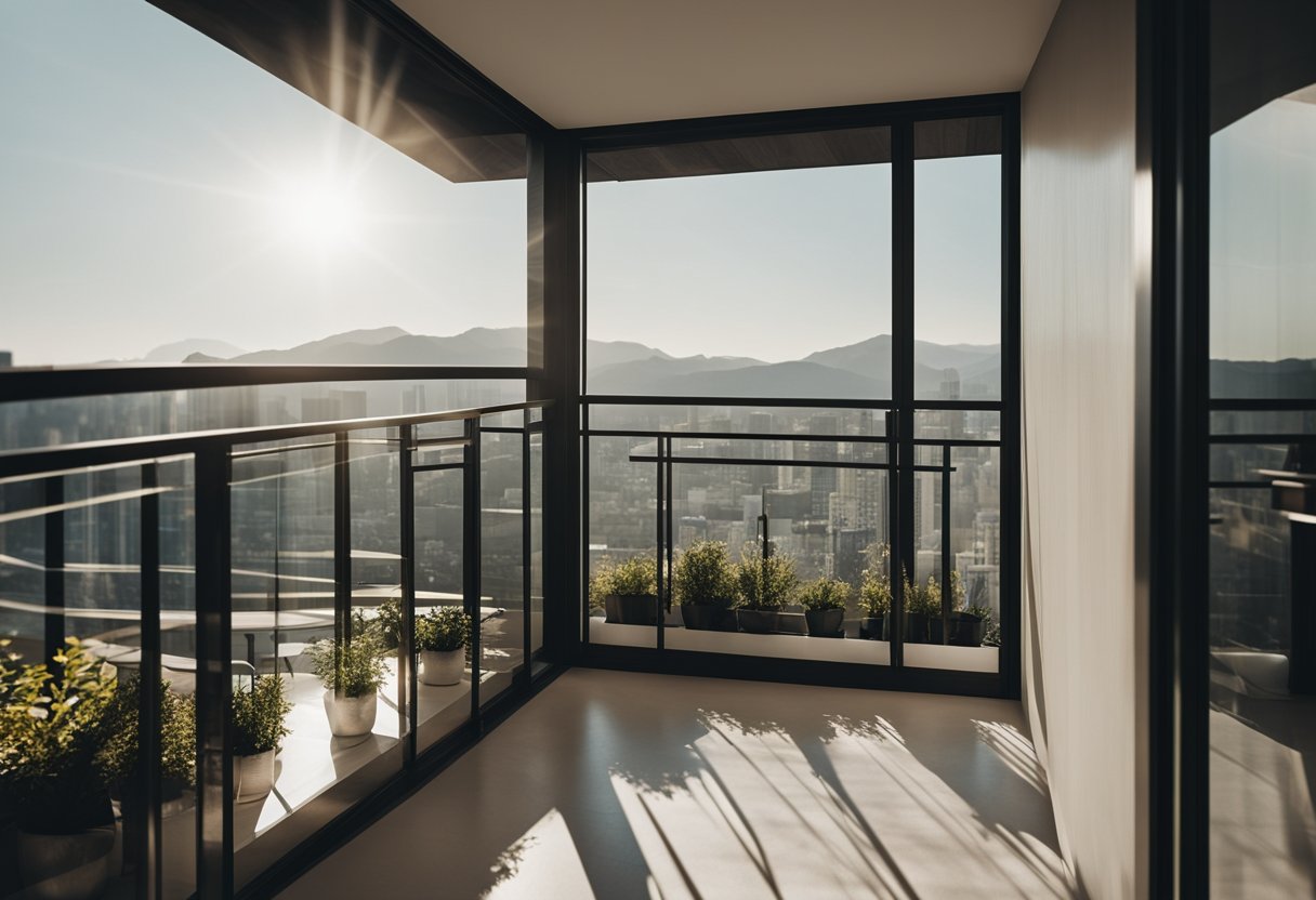 A balcony window with modern, geometric design. Clean lines and minimalistic details. Sunlight streaming through the glass