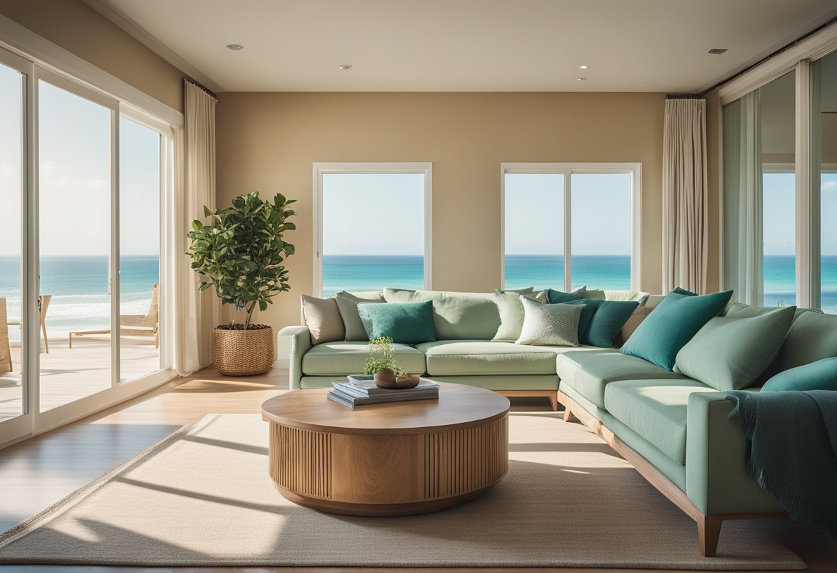 A cozy living room with beach design aesthetics: sandy beige walls, natural wood furniture, seafoam green accents, and large windows overlooking the ocean