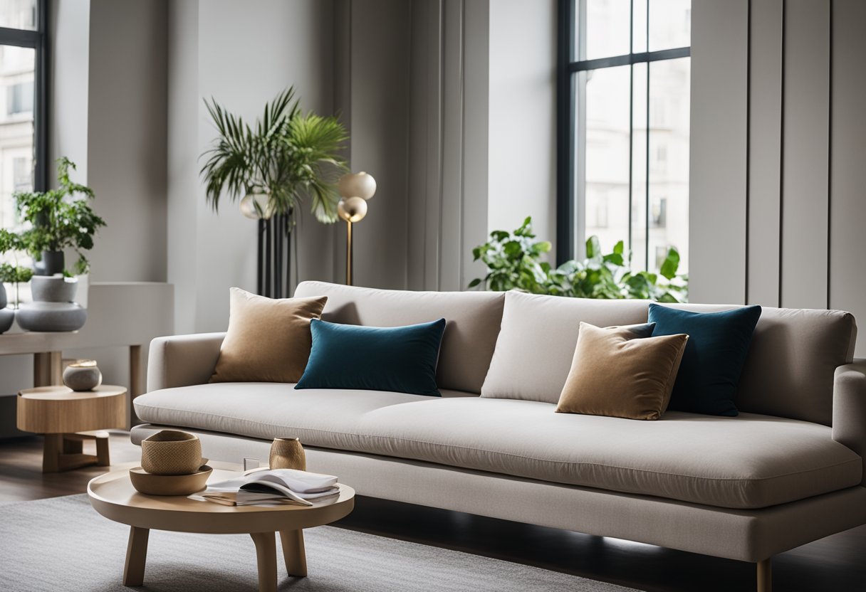 A modern settee with clean lines and plush cushions sits in a well-lit living room, surrounded by sleek and minimalist decor