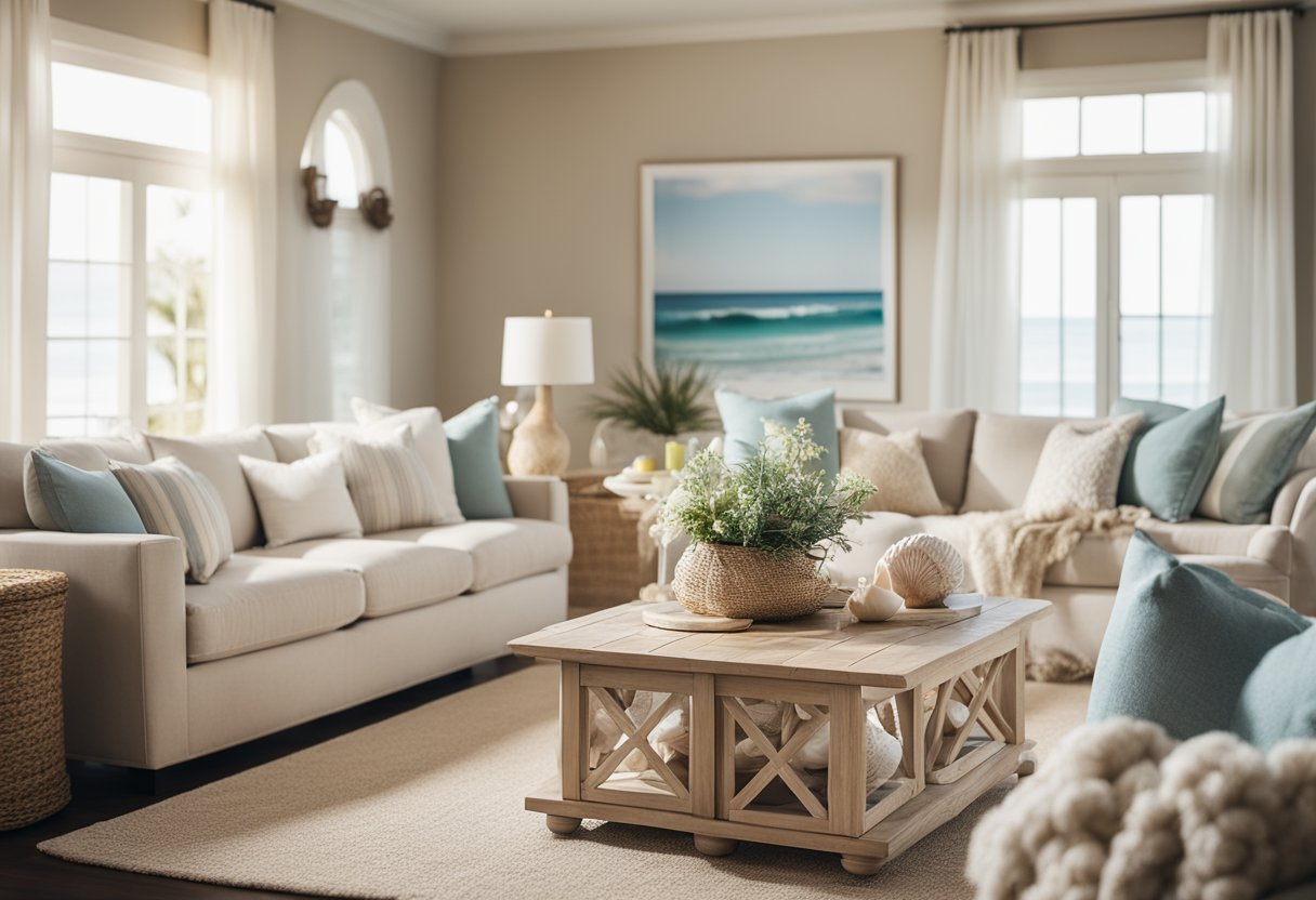 A cozy beach-themed living room with seashell decor, sandy-colored furniture, and ocean-inspired detailing