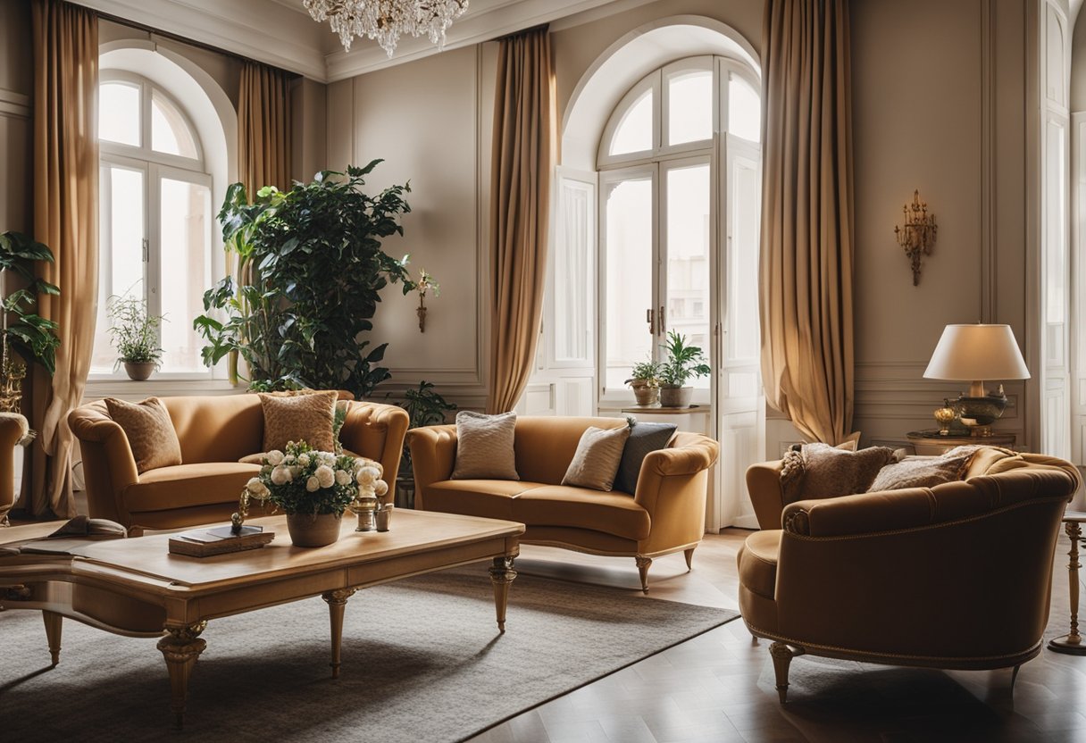 An Italian living room with elegant furniture, ornate decor, and warm colors