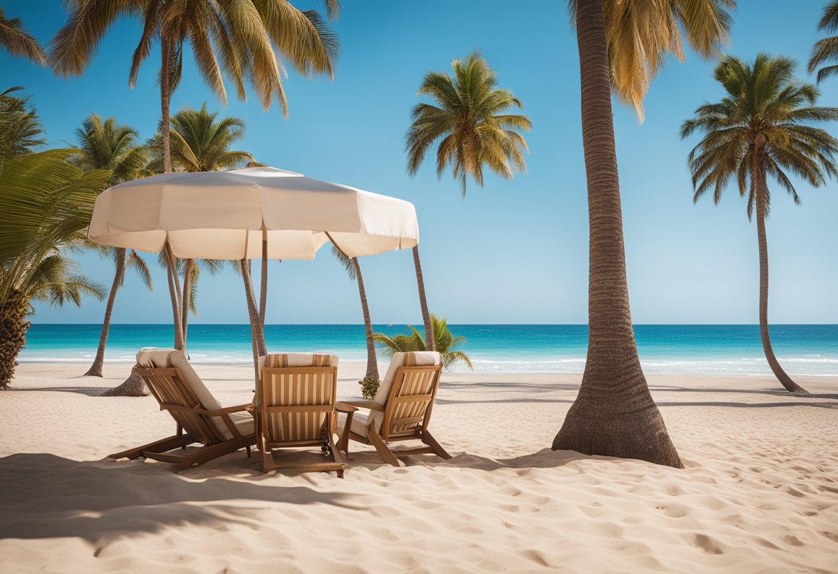 A sunny beach with a clear blue sky and gentle waves, surrounded by palm trees and lounge chairs. A sign with "Frequently Asked Questions" stands near a cozy living room setup on the sand