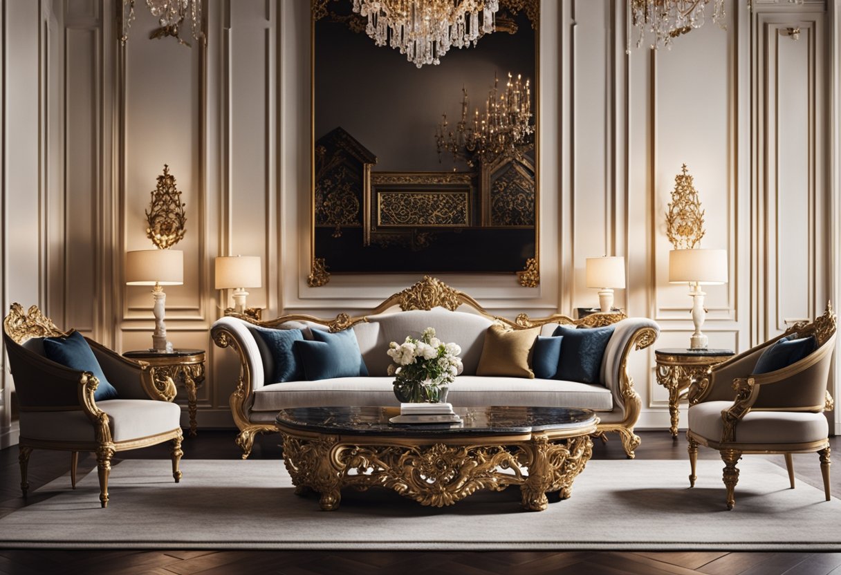 A luxurious living room with ornate furniture, marble accents, and intricate details, exuding Italian elegance and sophistication. Rich textiles and warm lighting create a cozy yet opulent atmosphere