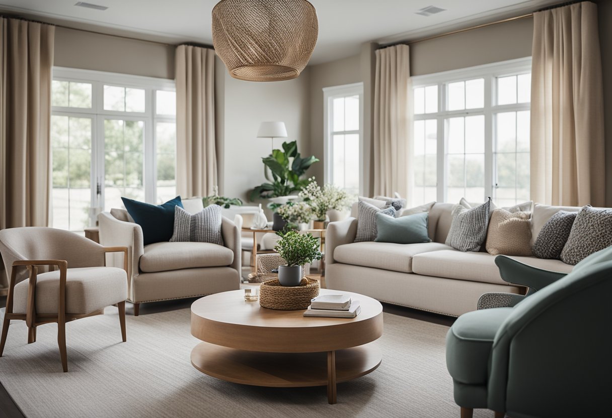A cozy living room with a settee placed in the center, surrounded by matching accent chairs and a coffee table. The settee features soft cushions and a throw blanket, creating a welcoming and comfortable seating area