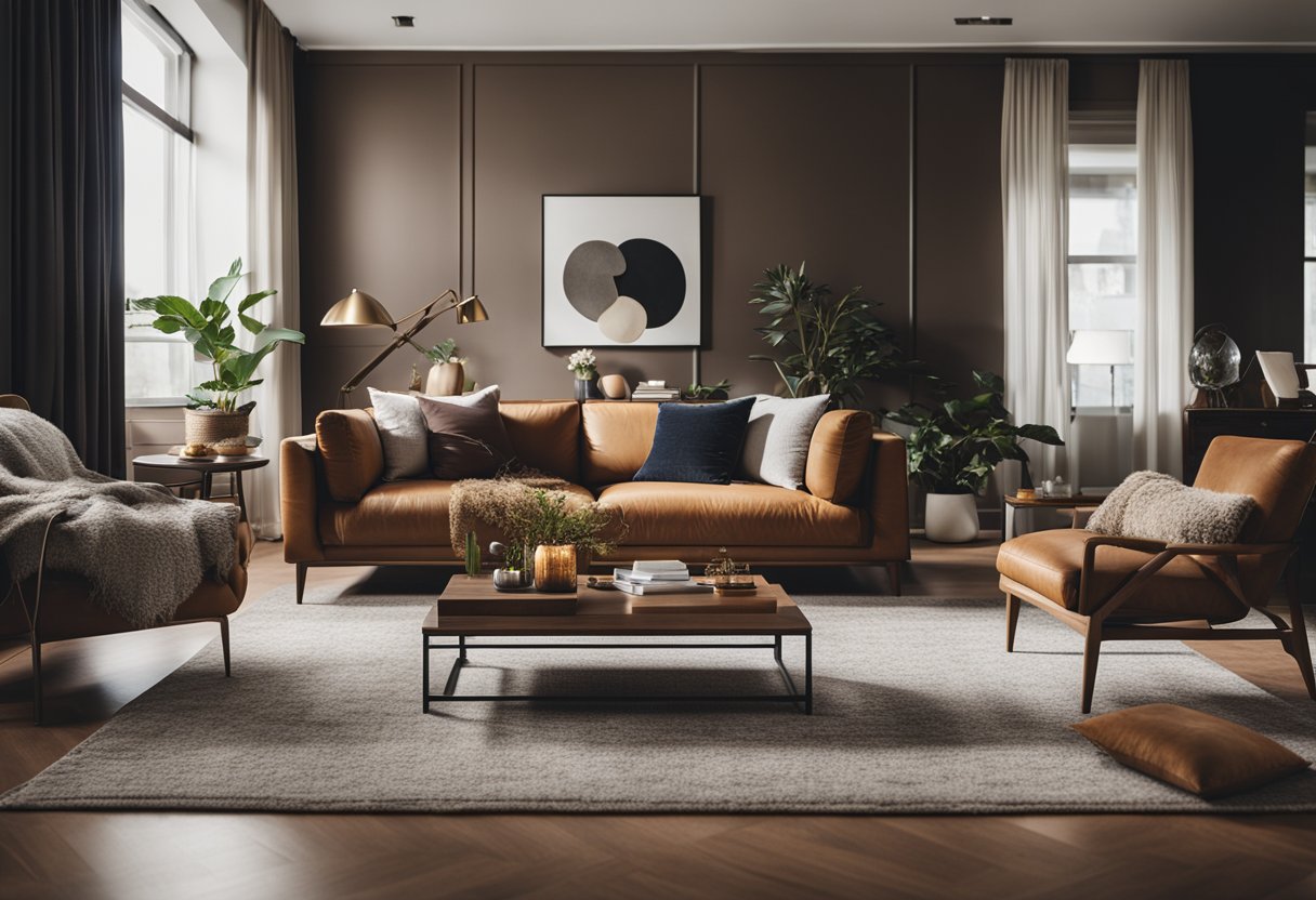 A cozy, elegant living room with sleek, modern furniture, warm earthy tones, and stylish functional decor
