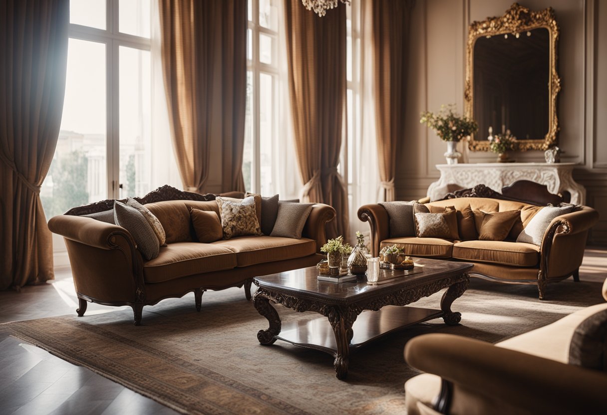 An elegant Italian living room with classic furniture, ornate decor, and warm earthy tones. A large window lets in natural light, highlighting the luxurious textiles and intricate details of the room