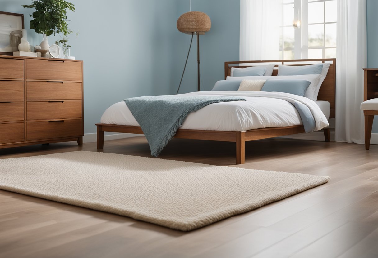 A cozy bedroom with light blue walls, a white bedspread, and wooden furniture. A soft, cream-colored rug covers the hardwood floor