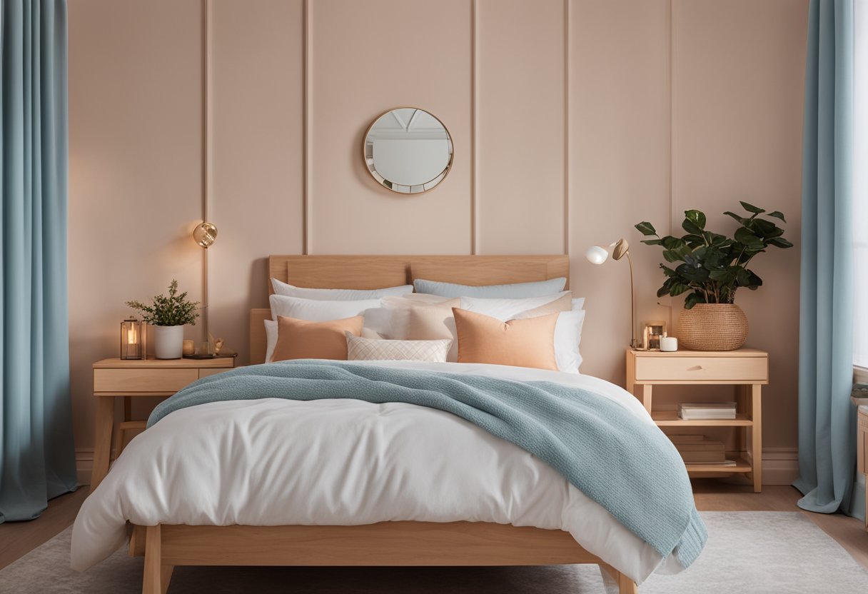 A cozy bedroom with soft blue walls, white bedding, and light wood furniture. A pop of color is added with a few decorative accents in a warm peach tone