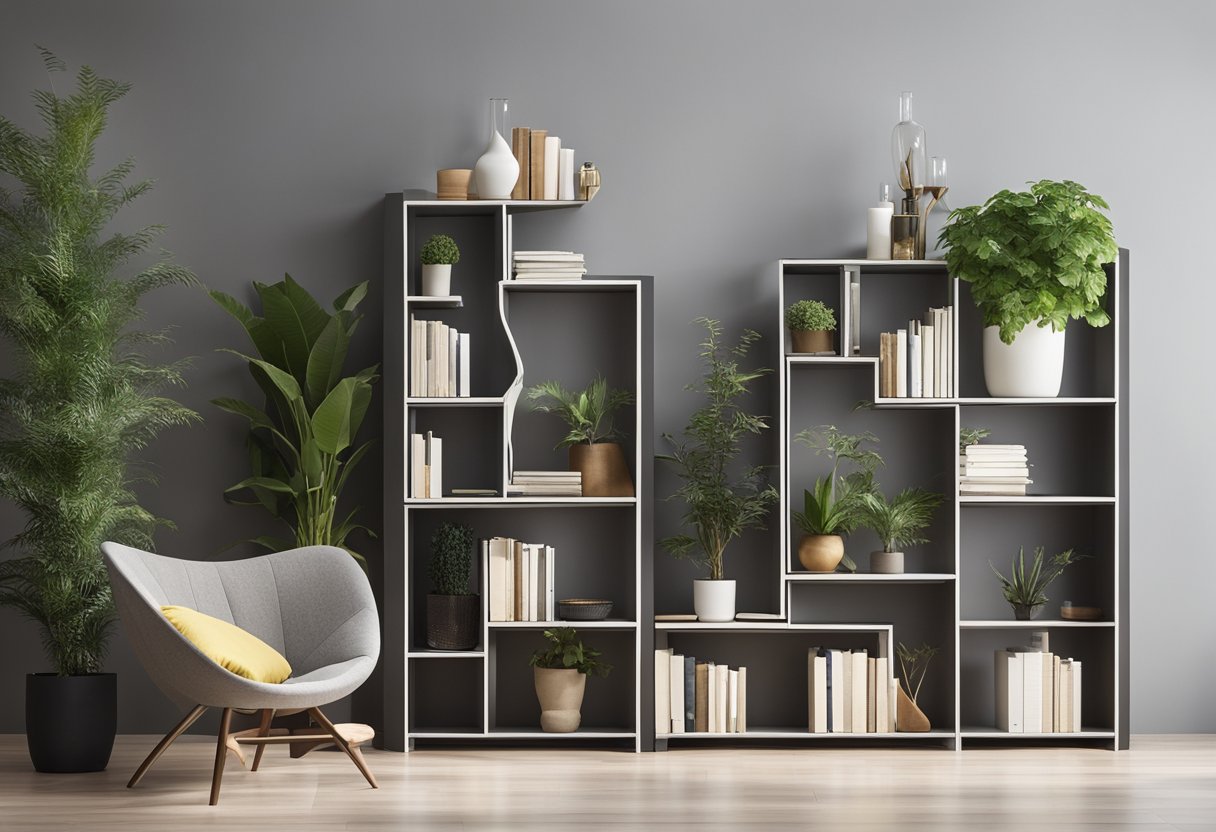A modern bookshelf stands against a white wall in a spacious living room, filled with a variety of books, plants, and decorative items