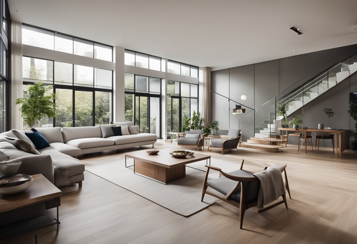 A spacious living room with modern, open stairs leading to a second floor. Clean lines and minimalistic design with natural light streaming in