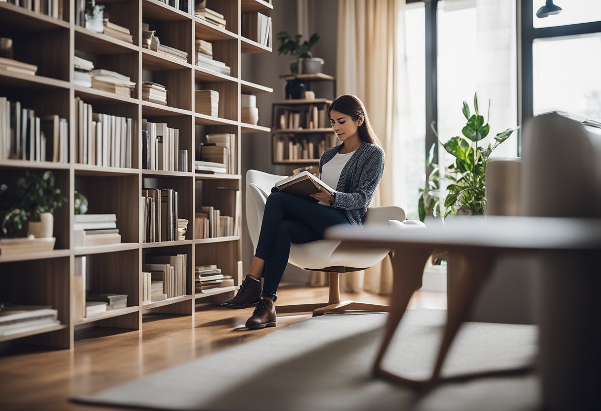 A person arranging modern bookshelves in a cozy living room with ample natural light