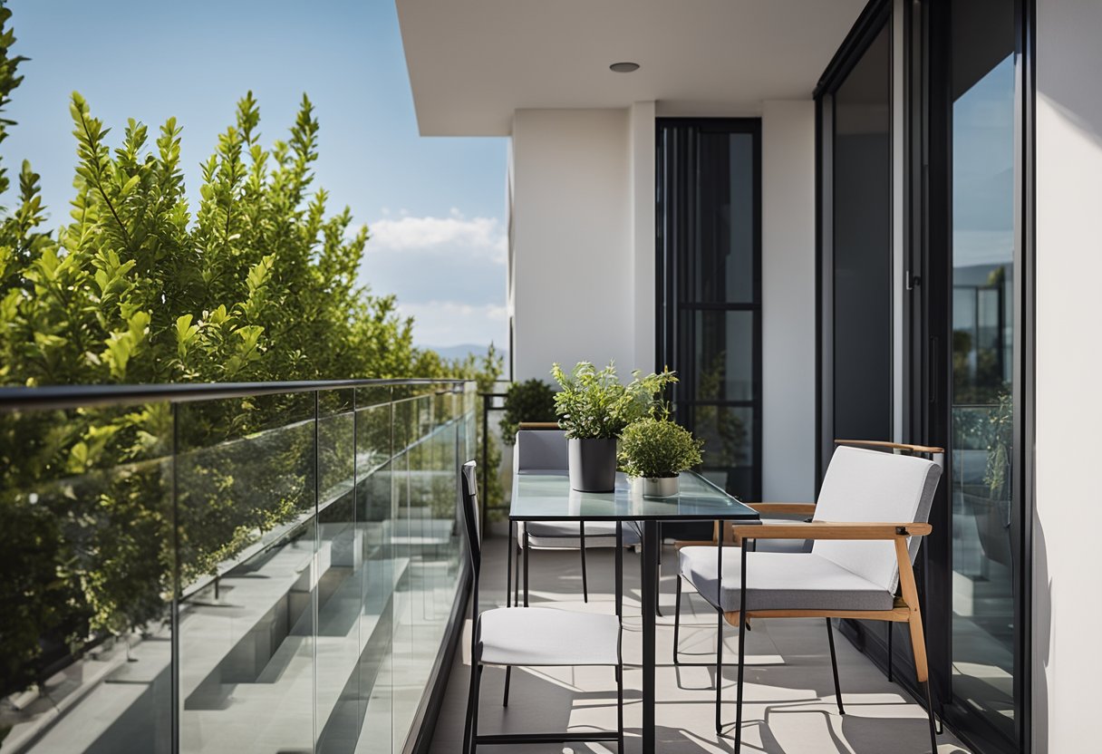 A square balcony with sleek, modern design. Glass panels provide unobstructed views. A small table and chairs are arranged for outdoor dining