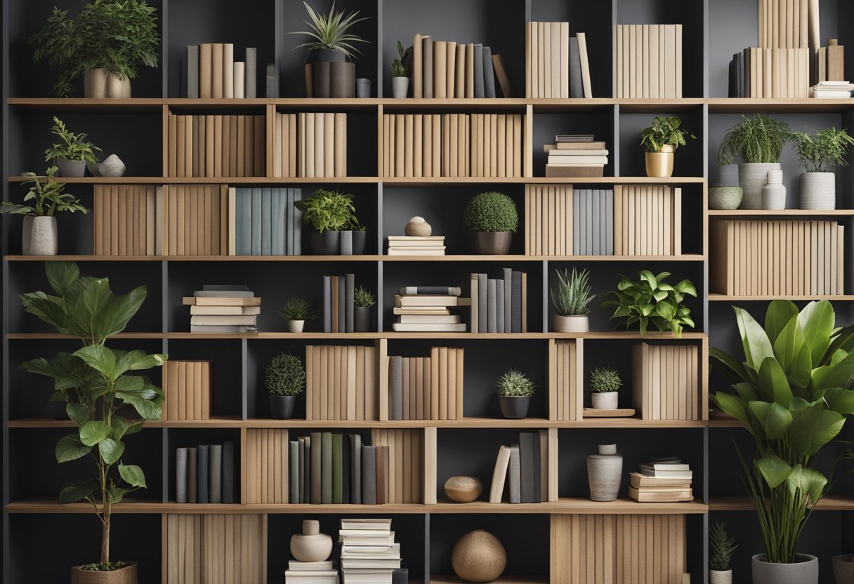 A bookshelf filled with neatly arranged books, decorative items, and plants. The shelves are organized with a mix of vertical and horizontal stacks, creating visual interest