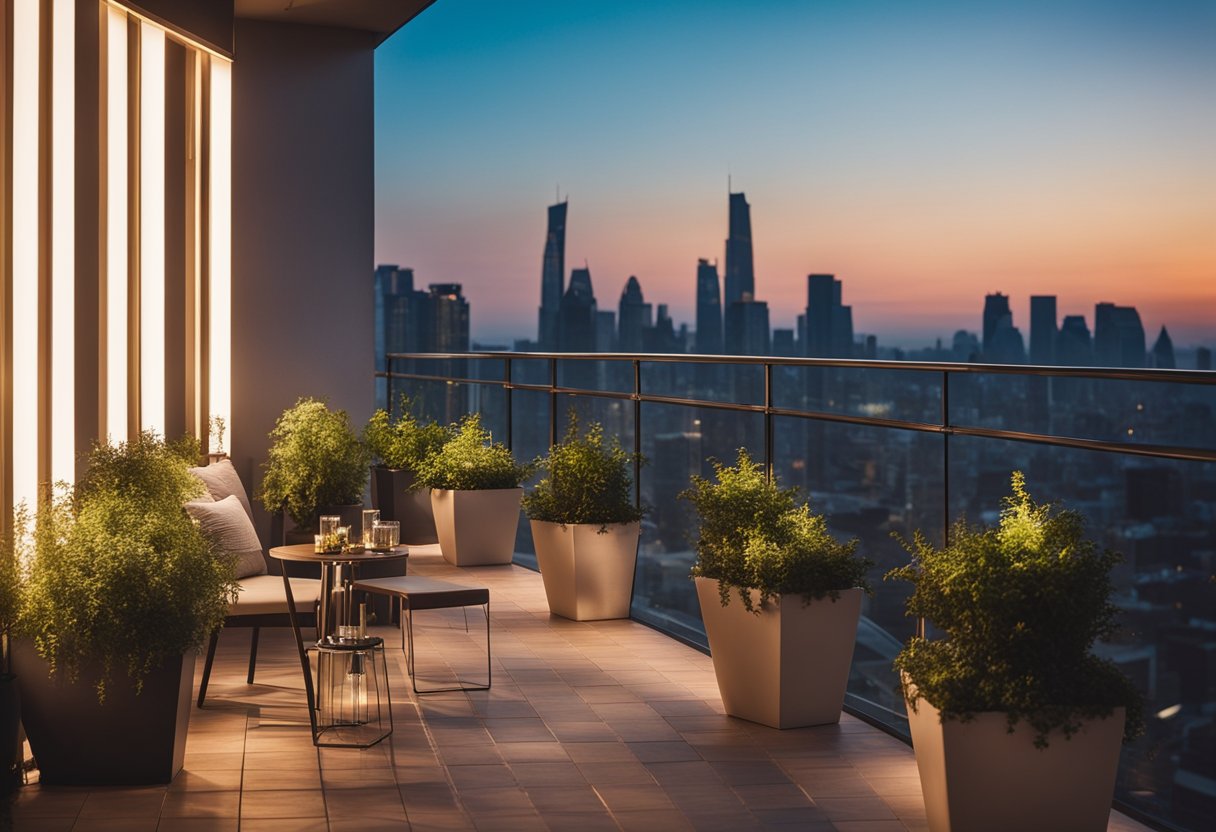 A square balcony with modern furniture and potted plants, overlooking a city skyline at sunset