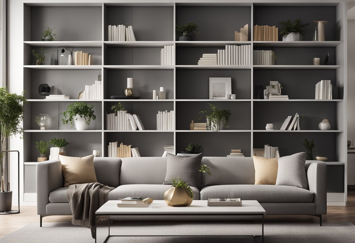 A modern living room with a sleek, minimalist bookshelf featuring clean lines and open shelving. The shelves are neatly organized with various books and decorative items