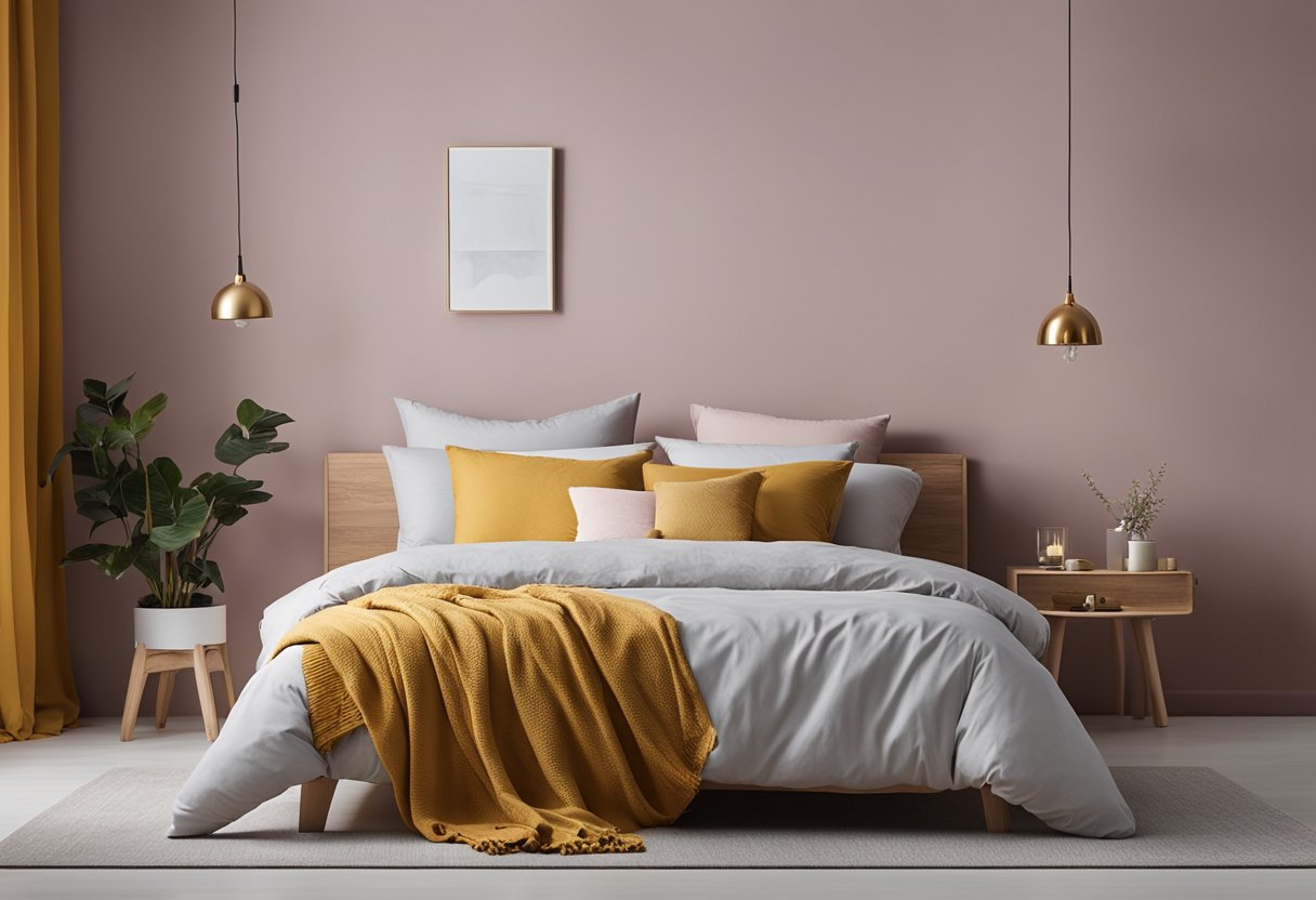 A simple bedroom with trending color combinations. Soft grey walls with pops of mustard yellow and dusty pink in the bedding and decor. White furniture and natural wood accents complete the look