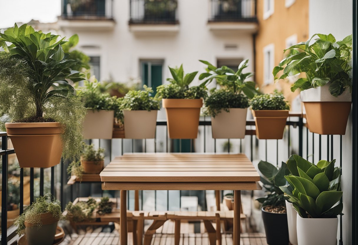 A square balcony with space-saving furniture and potted plants, maximizing utility and functionality