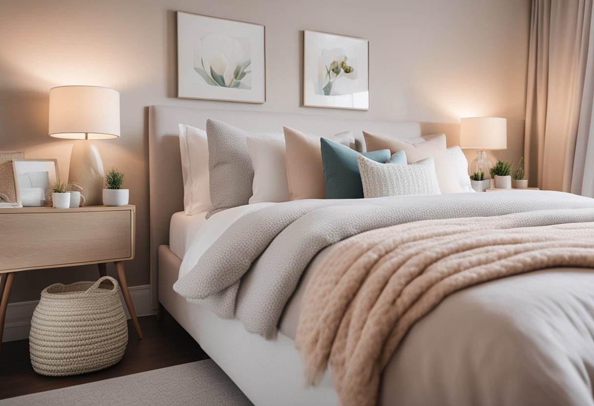 A cozy bedroom with soft pastel wall colors, a neutral-toned bedspread, and a pop of color in the form of decorative pillows