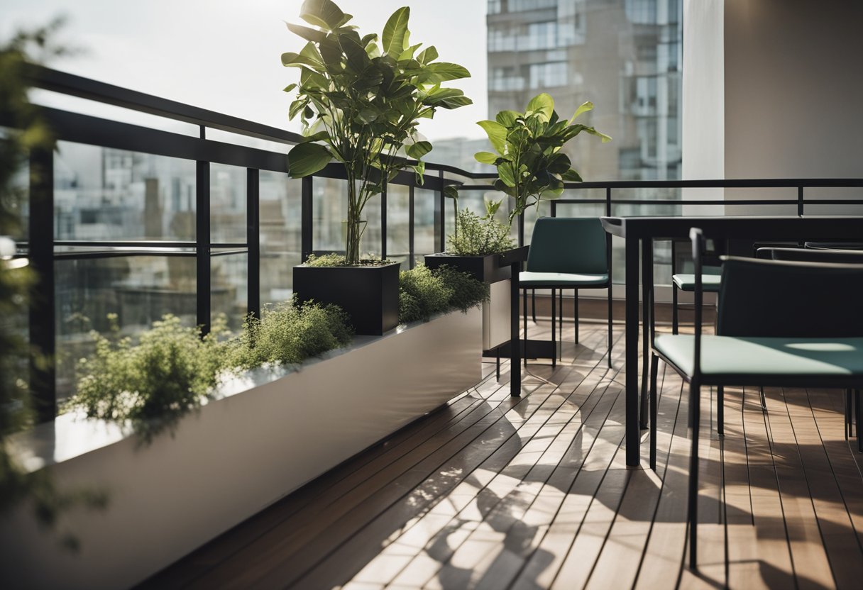 A square balcony with modern design, featuring sleek metal railings and glass panels. A small table and chairs are arranged neatly, with potted plants adding a touch of greenery