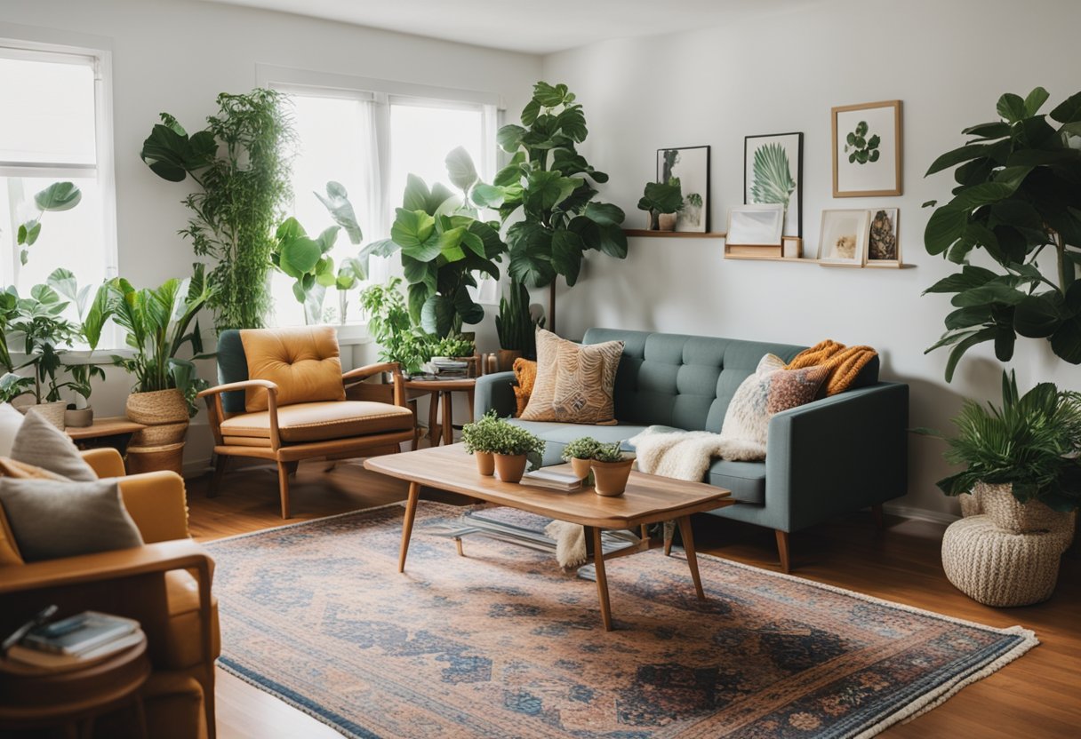 A cozy living room with mismatched thrifted furniture, colorful throw pillows, and DIY wall art. A large rug anchors the space, and a variety of potted plants add a touch of greenery