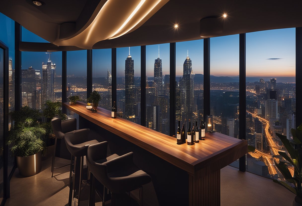 A sleek, modern balcony bar with a wooden countertop, hanging pendant lights, and a backdrop of city lights