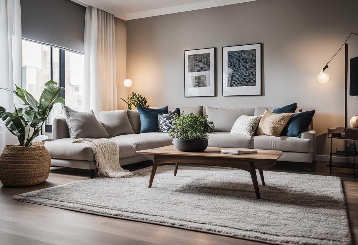 A cozy living room with chic yet affordable decor, featuring a statement rug, sleek furniture, and decorative wall art