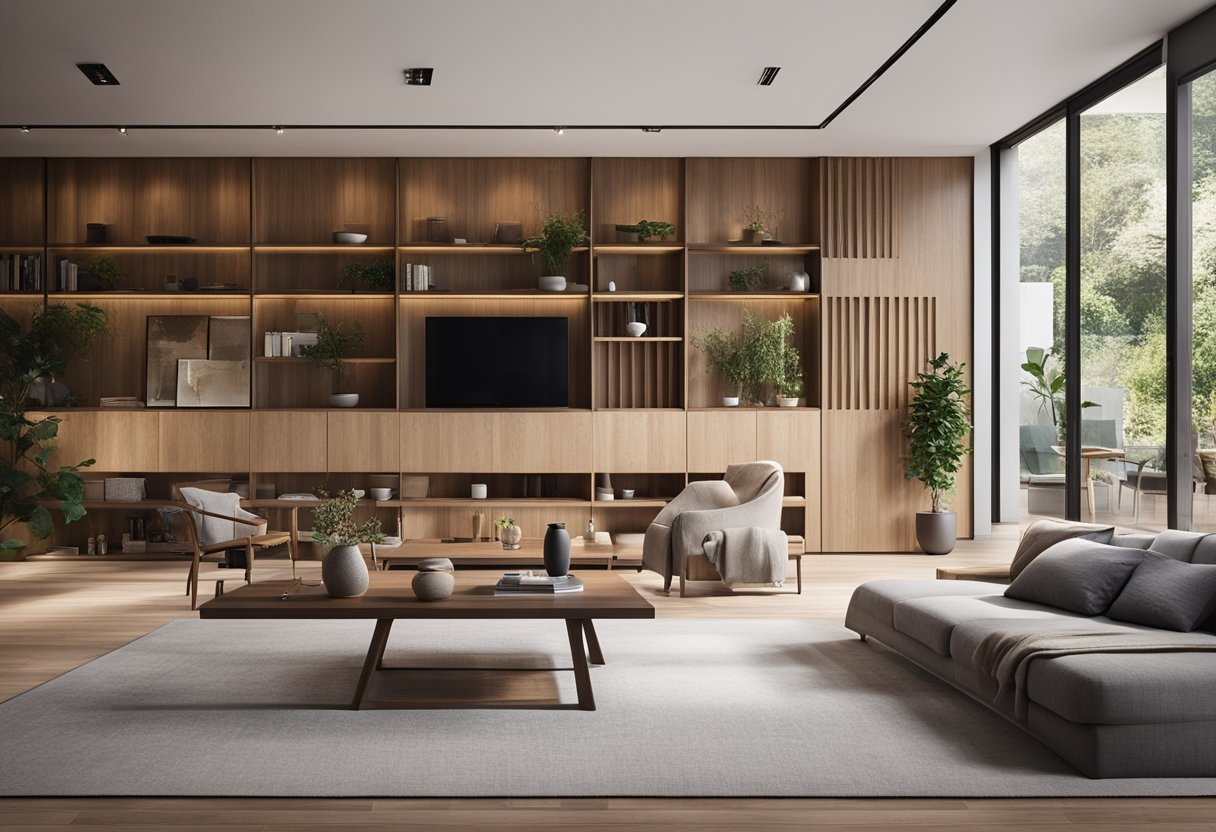 A modern, open living room with a sleek, wooden divider separating it from the elegant dining area. The divider features clean lines and shelves for decor