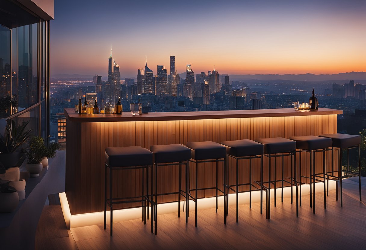 A small, stylish balcony bar with a sleek wooden countertop and modern bar stools overlooking a city skyline at sunset