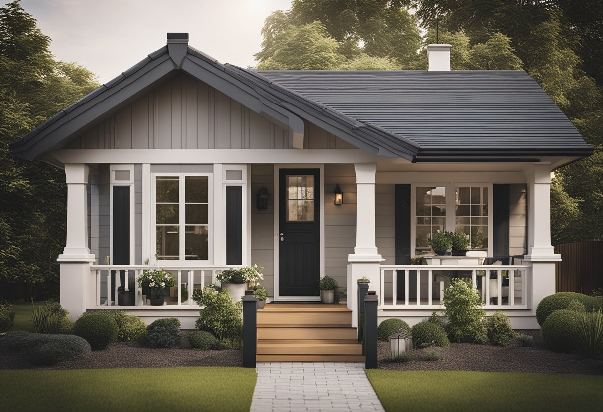 A cozy bungalow with 3 bedrooms, a pitched roof, and a front porch. The exterior features simple lines, a small garden, and a single-car garage