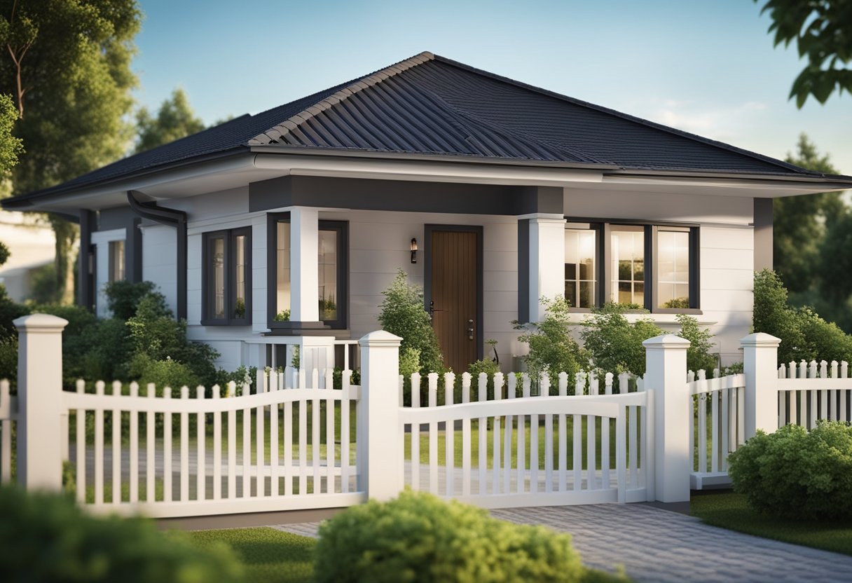 A simple bungalow house with 3 bedrooms, a front porch, and a sloped roof, surrounded by a small garden and a picket fence